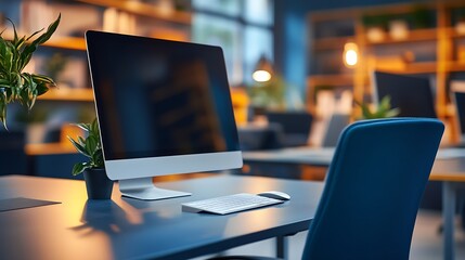 Poster - Modern ergonomic office workspace with computer and natural light : Generative AI