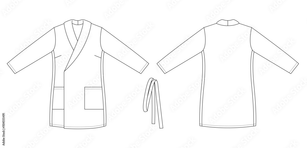 Pull Robe Drawing Technical flat sketch of a robe with wrap front, belt, long sleeves ...