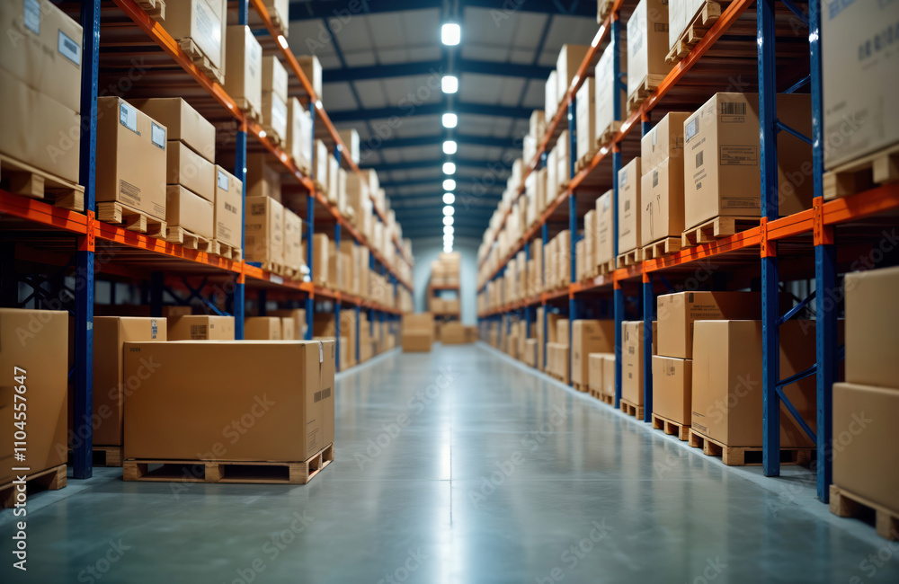 Large warehouse interior shows high shelves filled with many cardboard ...