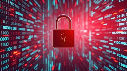 binary code streaming across a digital screen with a lock symbol, security, data, information, encry