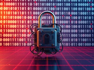 Cyber security concept with digital lock and binary code background, security, intelligence