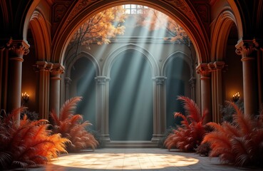 Aufkleber - Empty ornate courtyard with columns, arches. Sunlight streams through arched openings. Decorative orange plants surround area. Classic style with mystical feel. Suitable for theatre opera backdrop.