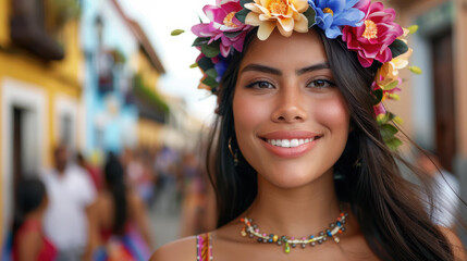 Wall Mural - A stunning young woman captivates as she participates in a vibrant church procession down a lively street.