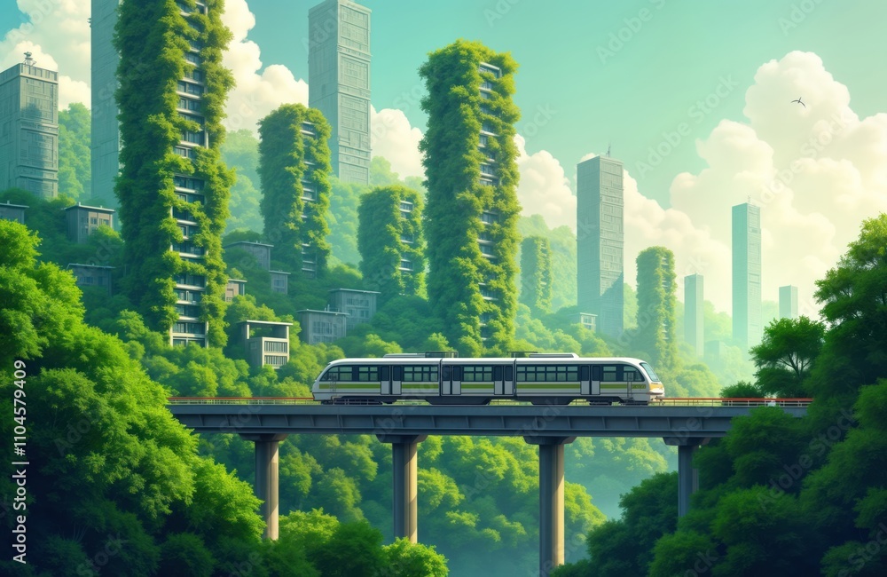 Eco friendly city landscape with modern public transportation. Rich ...