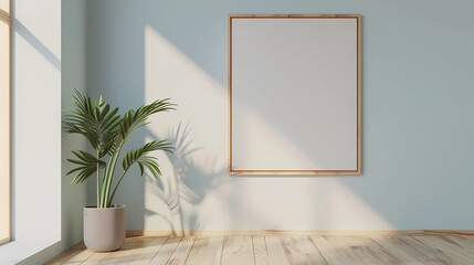 Wall Mural - Minimalist Interior Mockup: A serene and stylish interior scene with a large canvas mockup, bathed in natural light filtering through a window, creating a perfect backdrop for showcasing art.