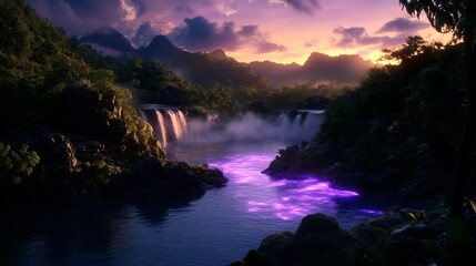 Wall Mural - Magical sunset over lush jungle waterfalls and glowing river.