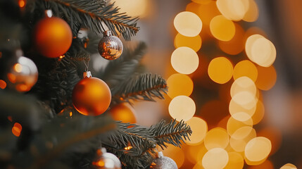 Wall Mural - Festive Christmas tree background with orange ornaments, glowing orange bokeh lights in the background and free copy space for text placement