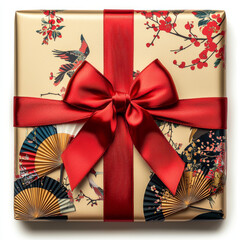 beautifully wrapped gift box with bold red bow and intricate floral and bird patterns on paper, evoking sense of elegance and celebration