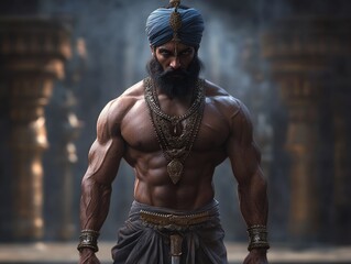 a muscular man wearing traditional attire stands confidently amidst ancient ruins, showcasing streng