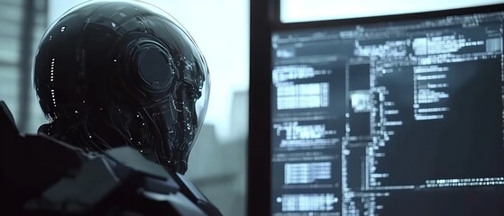 A futuristic robot with a sleek design interacts with a complex computer interface.