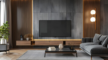 Wall Mural - Modern Living Room Interior Design: A sleek, contemporary living room features a large flat-screen TV mounted on a dark gray stone wall, complemented by warm wood paneling and a plush gray sofa.