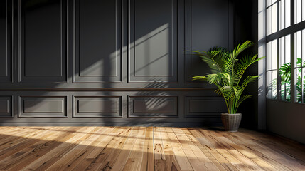 Poster - Sunlight Through a Modern Interior: A minimalist, sun-drenched room with a  dark grey wainscot and wooden floors, bathed in warm sunlight streaming through a large window.