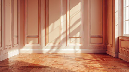 Poster - Sunlit Classic Interior: Warm sunlight streams through a large window, illuminating a room with elegant paneled walls and a gleaming hardwood floor.