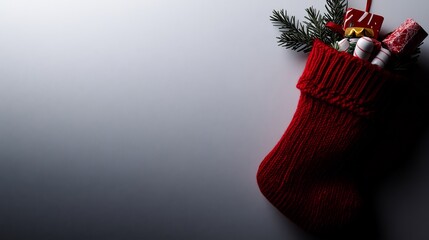 Poster - Red knitted Christmas stocking filled with candy, gifts, and fir branch on white background.