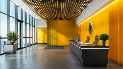 Poster - Modern Office Reception: Sunlit contemporary office reception area with yellow accent walls, sleek dark grey reception desk, and natural elements.