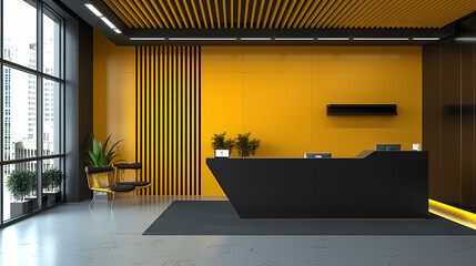 Poster - Modern Reception Area with Yellow Accent Wall: A sleek and modern reception area with a bold yellow accent wall and black accents, showcasing contemporary design aesthetics and professional ambiance.