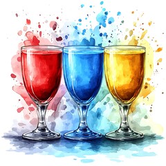 Wall Mural - Three glasses of colorful cocktails in a watercolor style illustration.