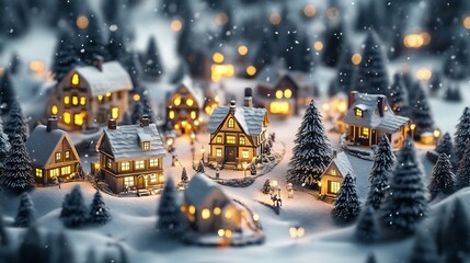 Sticker - Snowy village at night with warm lights.