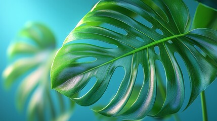 Wall Mural - Close-up of vibrant green monstera leaves against a soft blue background.