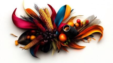 Wall Mural - Vibrant autumn harvest cornucopia with colorful abstract leaves, corn, berries, and nuts.