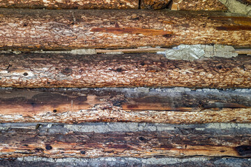 Detail of wood texture on an exterior wall of an old log cabin