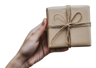 Wall Mural - Parcel wrapped in brown paper held by a hand, cut out - stock png.