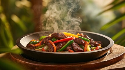 Sticker - A sizzling plate of beef fajitas with colorful bell peppers and steam rising.