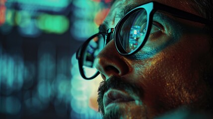 Focused programmer gazing at a screen filled with code.