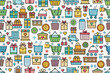© LIA - Colorful seamless pattern with shopping carts, gifts, and boxes.