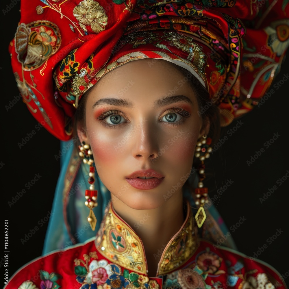 Portrait of a Woman in Vibrant Traditional Attire with Richly ...