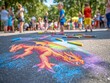 © Phoenix AI Photo - Children drawing dragons with chalk on the ground selective focus, street art joy, surreal, Silhouette, sidewalk festival backdrop
