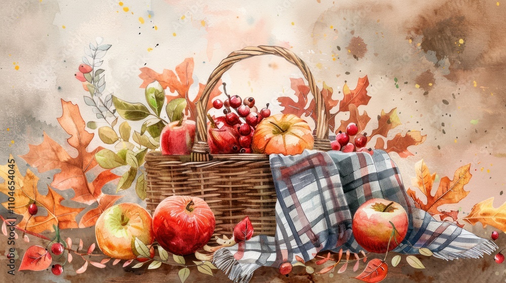 Autumn harvest basket with apples, pumpkins, berries, and leaves. Stock ...