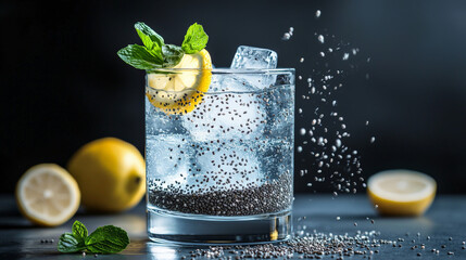 Wall Mural - refreshing chia seed lemonade with ice cubes, garnished with mint and lemon slices, sits on dark surface. chia seeds are visibly suspended in drink, adding texture and interest