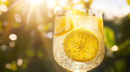 Wall Mural - refreshing glass of chia seed lemonade glistens in sunlight on hot summer day, evoking sense of coolness and relaxation