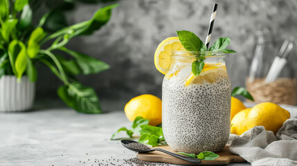 Wall Mural - refreshing jar of chia seed lemonade garnished with lemon slices and mint, accompanied by spoon and fresh lemons on rustic table. vibrant greenery adds natural touch