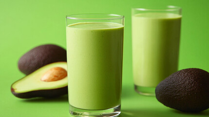 Wall Mural - Two glasses of creamy avocado smoothie on vibrant green background, surrounded by fresh avocados, creating refreshing and healthy vibe