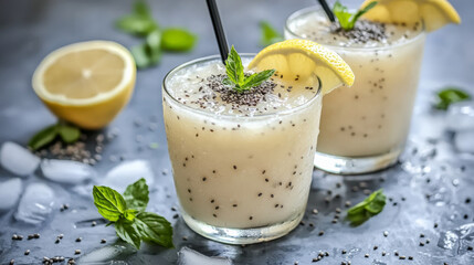 Wall Mural - Refreshing chia seed lemonade with lemon slices and mint garnish, surrounded by ice cubes and fresh mint leaves. Perfect for cool summer drink