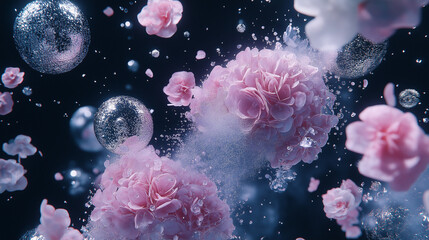Wall Mural - pink flowers underwater dance: delicate pink flowers and shimmering bubbles dance in an ethereal und