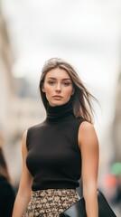 Close-up portrait of a stylish young woman in an urban setting, wearing a sleeveless black top and chic patterned skirt