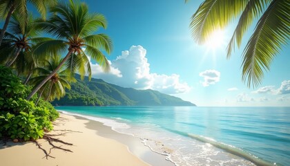 Wall Mural - Beautiful beach with palm trees near ocean