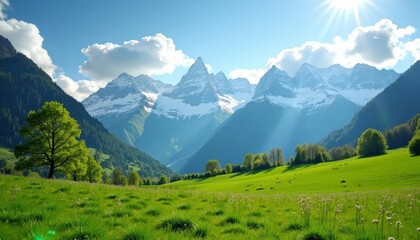 Wall Mural - Mountains with snow in the distance, green grass on ground