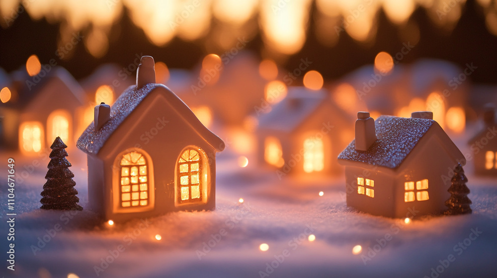 Scandinavian village scene with miniature houses illuminated with ...