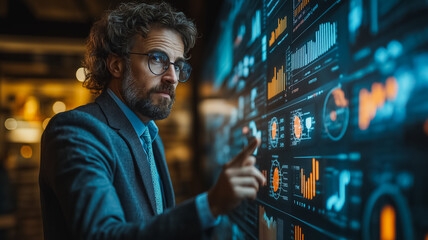 Wall Mural - a man in a suit pointing at a computer monitor displaying graphs. concept of importance and focus as