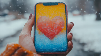 Wall Mural - a person is holding a cell phone with a heart on it. the heart is made of ice and snow, giving the p
