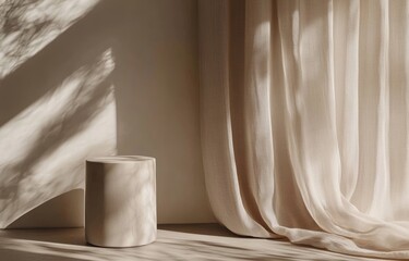Aufkleber - Minimalist Display Podium with Beige Curtain and White Vase for Natural Product Promotion