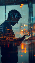 Poster - A silhouette of a person checking their phone against a cityscape background.
