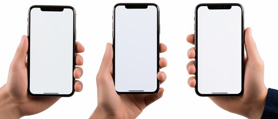 hands holding smartphones with blank screens for mockup and design purposes