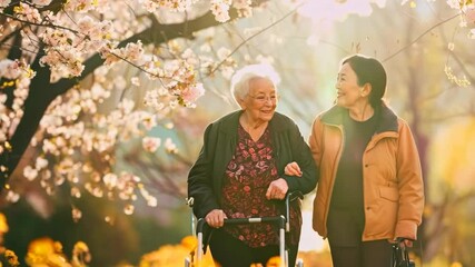 family love smile senior mother and daughter walking at the outdoor during summer