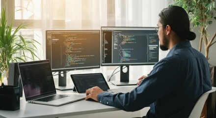 Asian male coder working on multiple screens in modern office