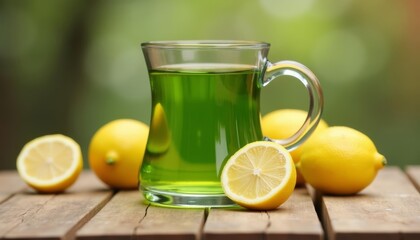 Wall Mural - A green glass mug filled with lemonade on a wooden table accompanied by whole lemons and cut lemons